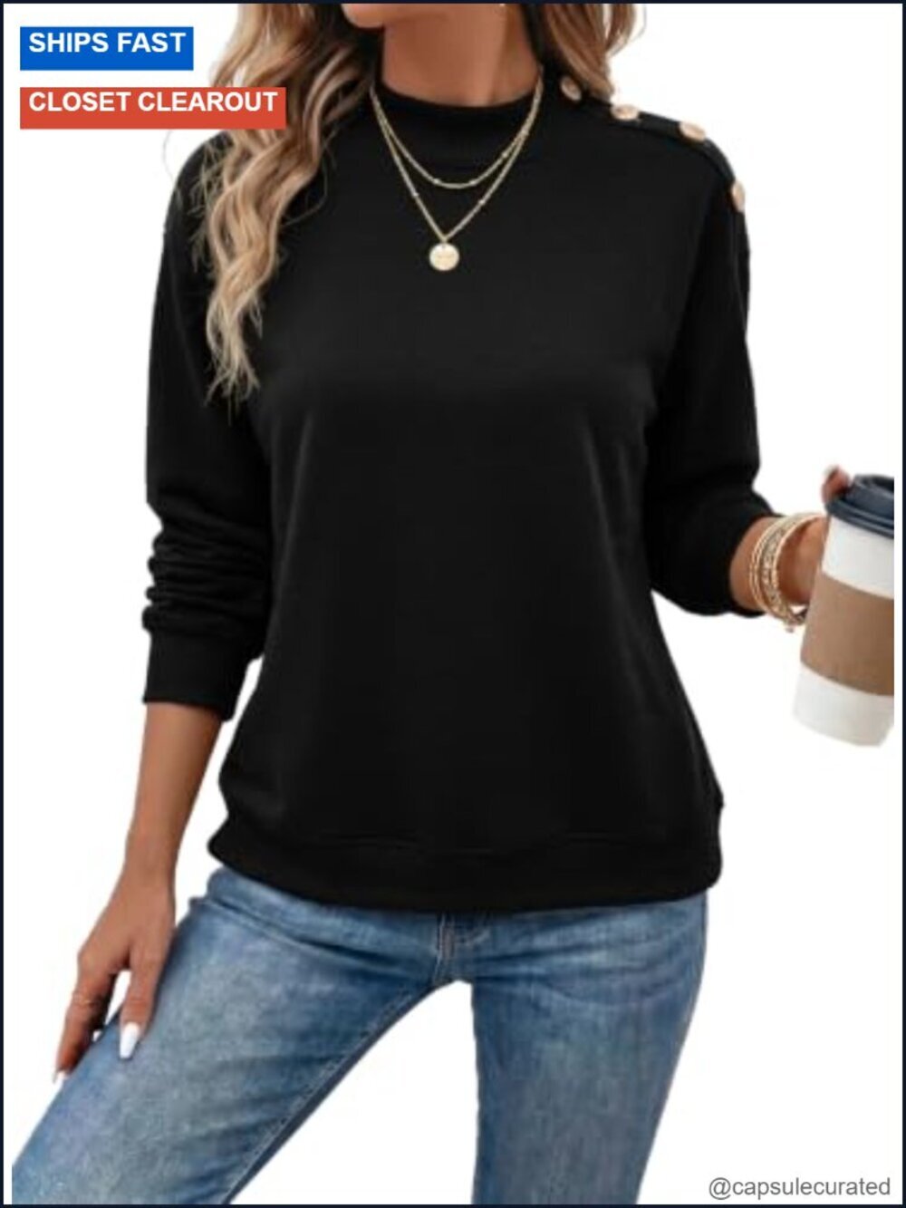 Mock Neck Long Sleeve Pullover Sweatshirt with Shoulder Button Details